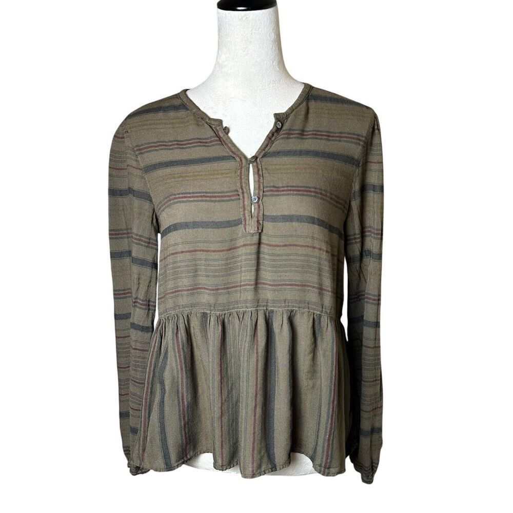Xirena Army Green Striped Soft Lightweight Relaxed Peplum Peasant Top Minimalist